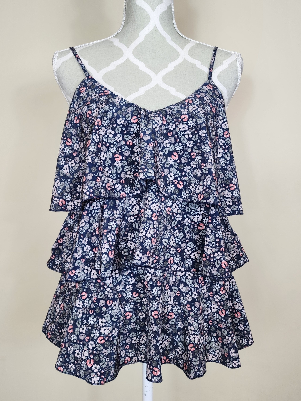 APRICOT Navy Floral Tiered Ruffle Camisole Top Size Small